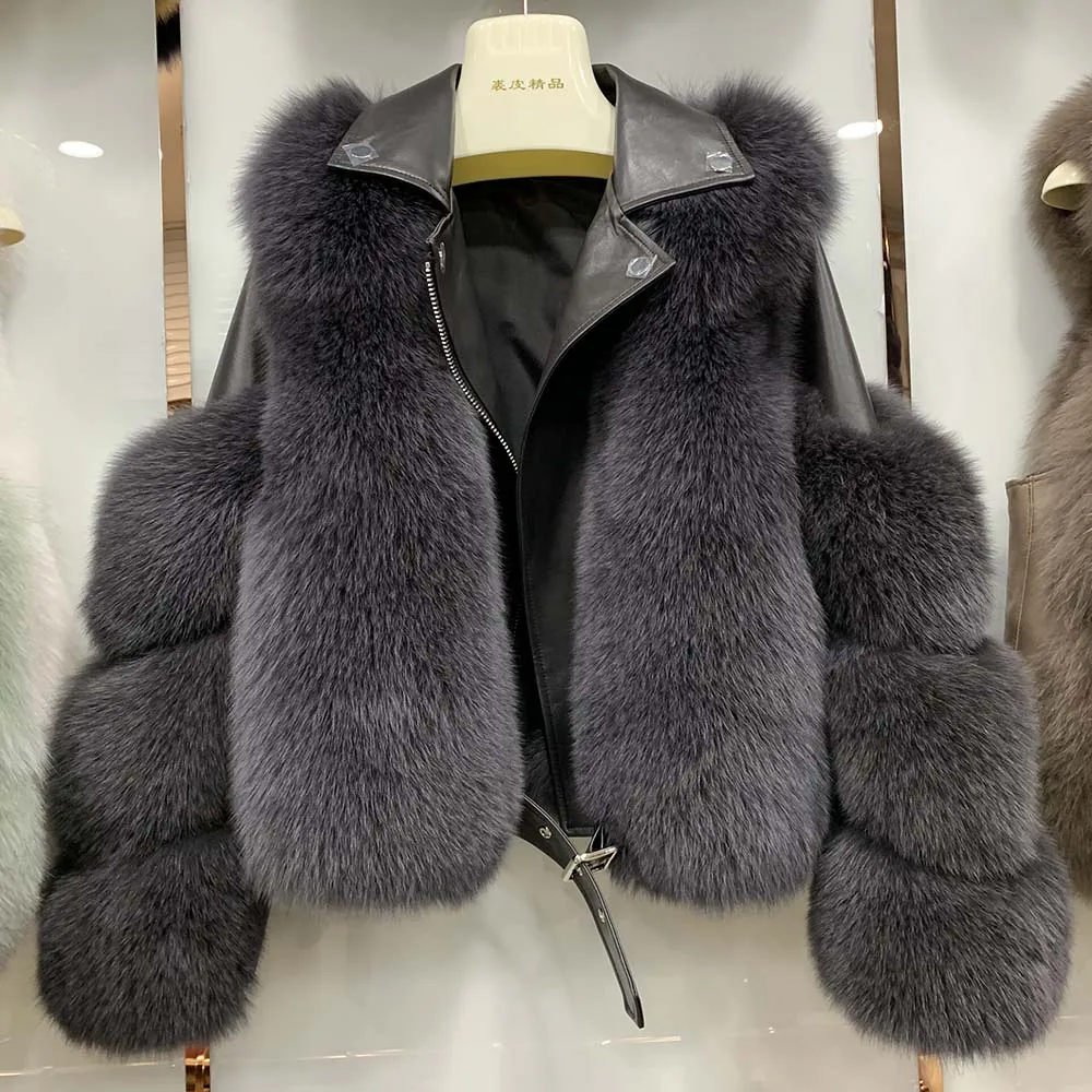 Новое поступление, женские модные меховые пальто, настоящий Полный Пелт, Лисий мех, верхняя одежда из натуральной овчины, кожаные куртки S7650 - Цвет: Charcoal Grey