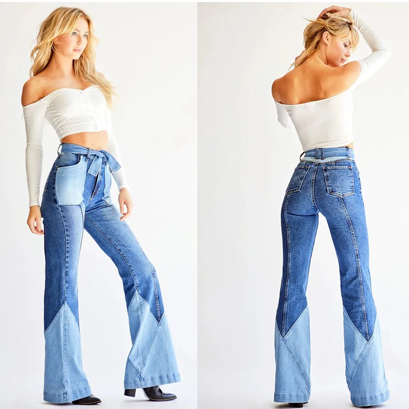 

Women's Casual Jeans Fashion Retro High Waist Two-color Stitching Belt Multi-pocket Design Beautiful Denim Flared Pants