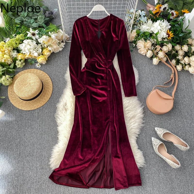 Neploe, v-образный вырез, сексуальное, тонкая талия, длинное, Vestido, темпераментные, вечерние, вельветовое, ТРАПЕЦИЕВИДНОЕ ПЛАТЬЕ С Высокой Талией, одноцветное, с длинным рукавом, весна, Ropa 47886