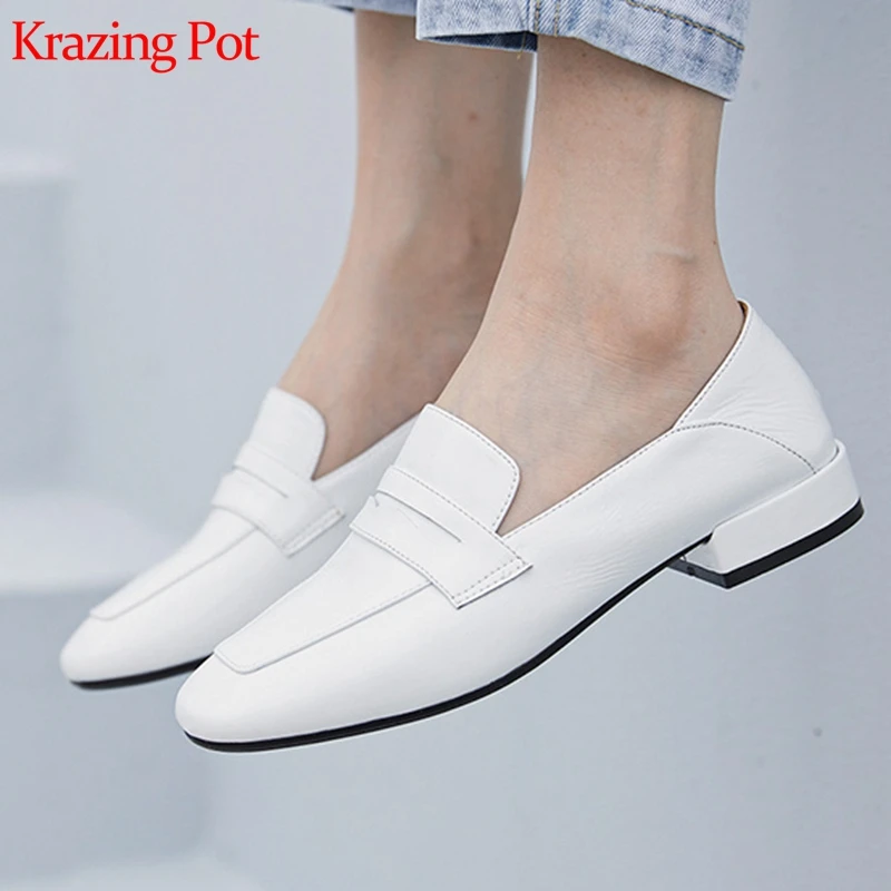 

Krazing Pot full grain leather beauty Spring Autumn gladiator low heel square toe maiden slip on Autumn elegant women pumps L12