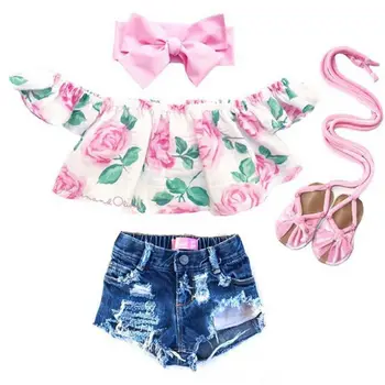 

Newborn Kids Baby Girls Off Shoulder Flower Tops Denim Hollow Jeans Outfits Fashion Summer Set Clothes