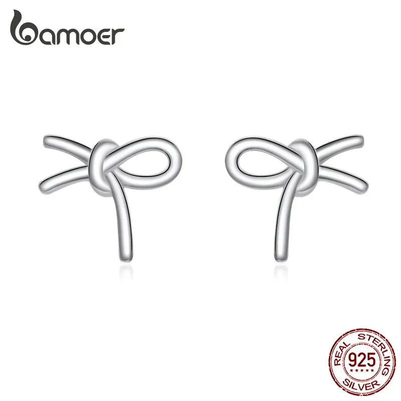 Bamoer серьги-гвоздики с бантом, минималистичный простой дизайн, элегантные серьги-гвоздики из натуральной 925 пробы, серебряные модные ювелирные изделия SCE733