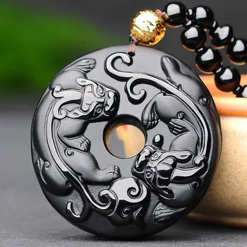 

Natural Obsidian Double Pixiu Pendant Necklace Charm Jewellery Carved Amulet Fashion Accessories Gifts for Women Men Free Rope