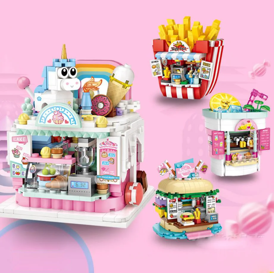 

Playground City street view mini block Pastry Cold Drinking Hamburg French fries Shop amusement park building bricks toy