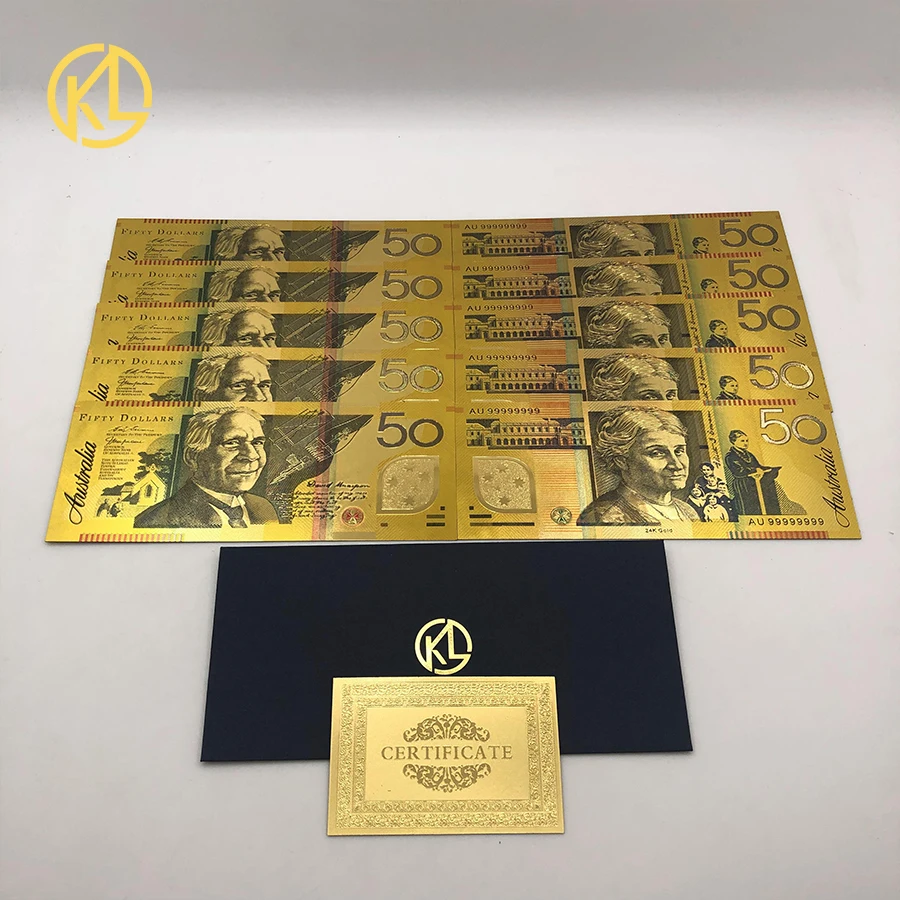 Австралия 10 долларов Золотая банкнота покрытая красочными AUD 100 50 20 10 5 долларов Золотая фольга коллекция банкнот - Цвет: 50 AUD