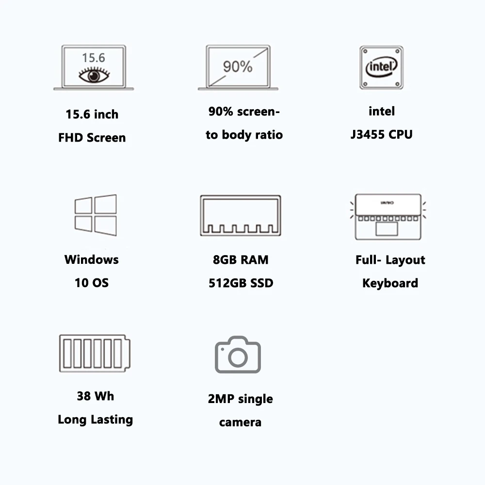 15,6 дюймовый ноутбук с 8 Гб ОЗУ 512 ГБ 256 ГБ 128 Гб SSD Игровые ноутбуки ультрабук intel j3455 четырехъядерный ноутбук Win10
