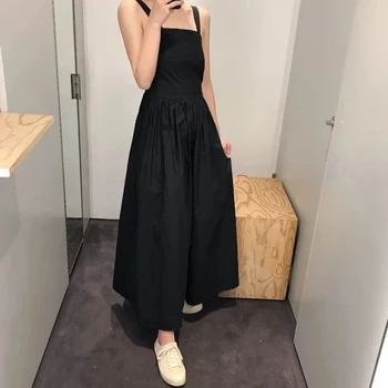 

Women's Black Sleeeveless Midi Dress Square Collar Loose 2020 Spring Summer Long Dress