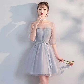 

Skyyue Bridesmaid Dresses R288 Gray Crepe Vestidos De Festa A-Line Knee-Length Wedding Party Dress O-Neck Elegant Women Gown