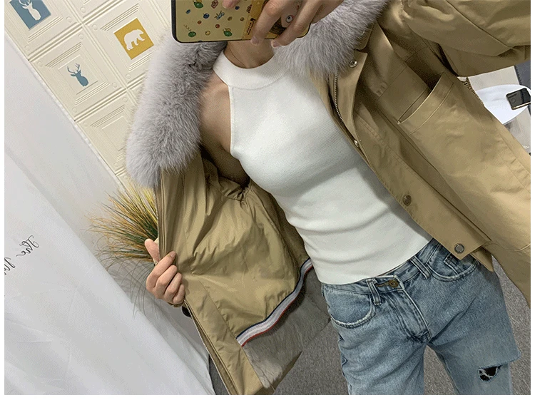 Clearance 2019 new Parka Winter Real Fur Coat Jacket Women Natural Fox Fur Collar Detachable Rex Rabbit Liner Loose Outerwear 14