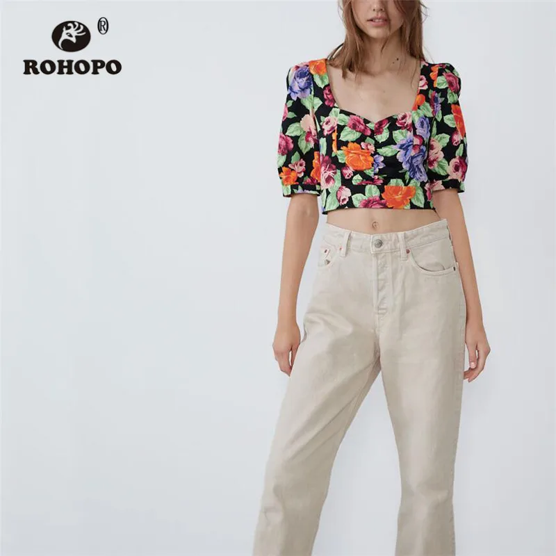 

ROHOPO Floral Short Autumn Women Crop Blouse Square Collar Chic Ladies Short Blusa #9258