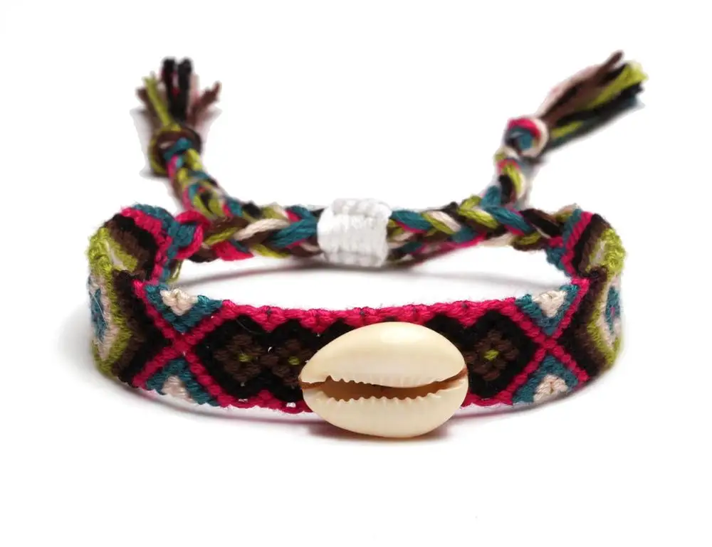 Boho Белый Натуральный Каури Seashell тканый браслет дружбы для женщин мужчин Разноцветные вышивка нить макраме пляж ювелирные изделия подарок - Окраска металла: Покрытие антикварной бронзой