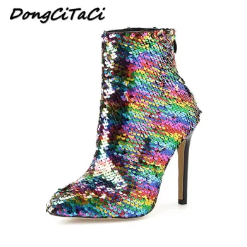 

DongCiTaCi Autumn Women High Heels Boots Woman Thin Heels Ankle Short Booties Fashion Bling Party Wedding Nightclub Sexy Pumps