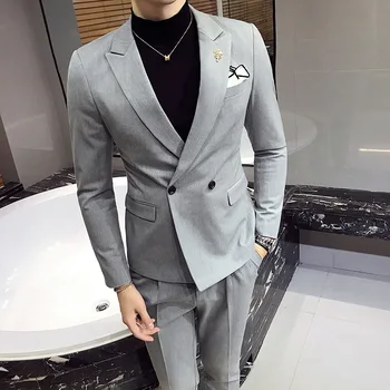 

Men's Suit Fall Heroic Tough Guy Gentleman Business Leisure Men's Double-breasted Suit Suit Men's Slim Fit Small Suit