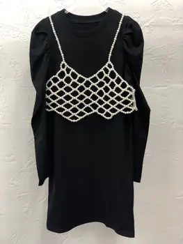 

2020 autumn fashion women puff sleeve casual dress + pearl vest female casual dresses 2 color ddxgz3