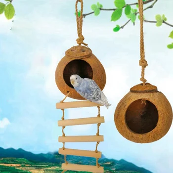 

Bird Nesting House With Hanging Lanyard Ladder Natural Coconut Shell Hanging Chain Cage Toys Swing House For Small Pet Parrot
