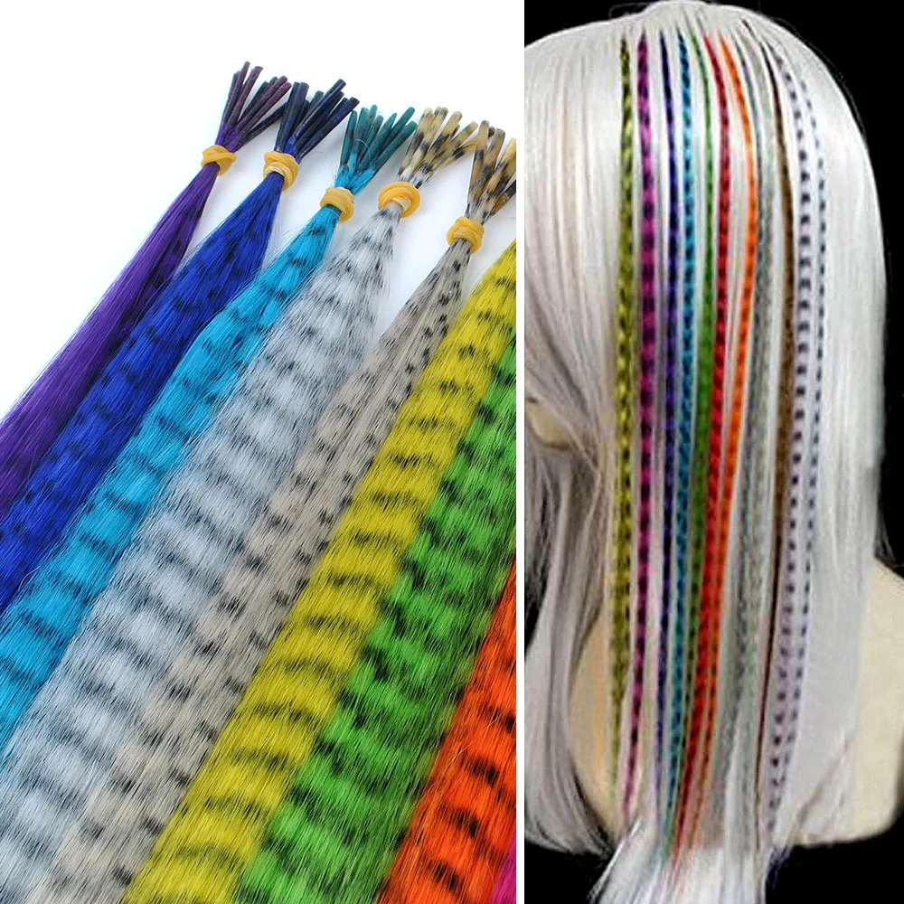 10PCS Long Rainbow Colors Feather Hair Extensions + 20PCS Silicone Beads for Professional Salon Party Night Club Random Colors