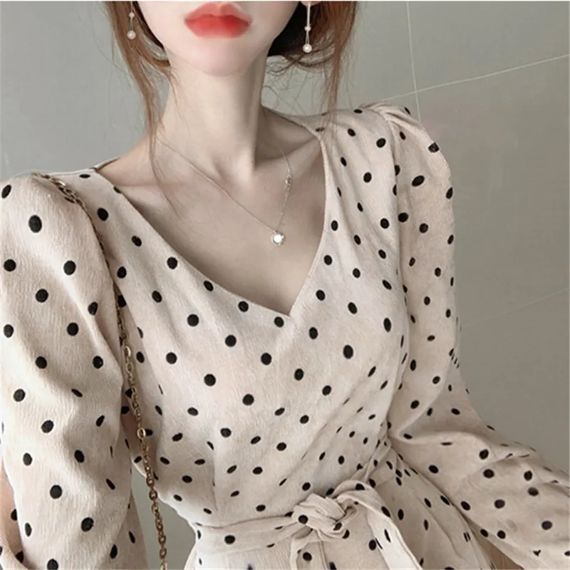 

Vintag Sweet Pot Polka Dot Dress for Ladies Elegant Fashion Korean Style High Waist Dress 2020 New Autumn Chic Korean Dresses