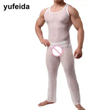 Сексуальные мужские длинные кальсоны, топы в сеточку, прозрачная Пижама, одежда для сна, комплект нижнего белья из сетки, длинные штаны, облегающая одежда для фитнеса и спортзала