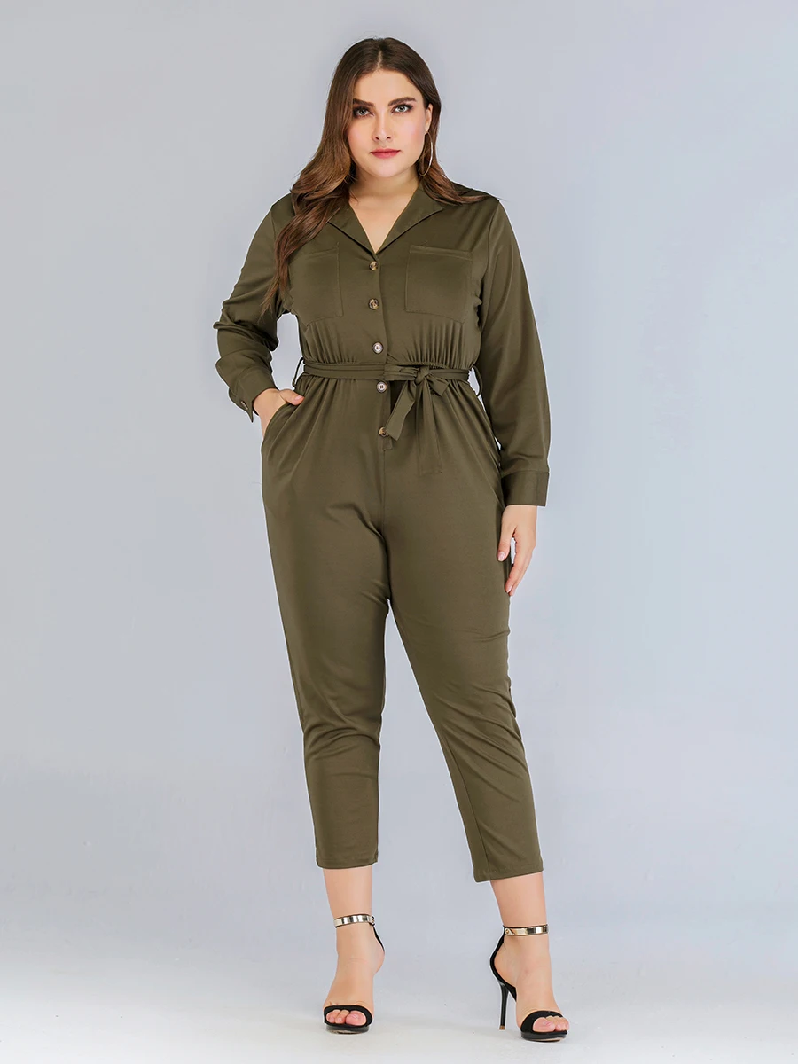 Женский Повседневный хлопковый комбинезон с длинным рукавом размера плюс