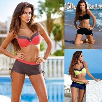 

2019 Europe and the United States new split bikini two-piece boxer swimsuit solid color swimsuit female swimsuit