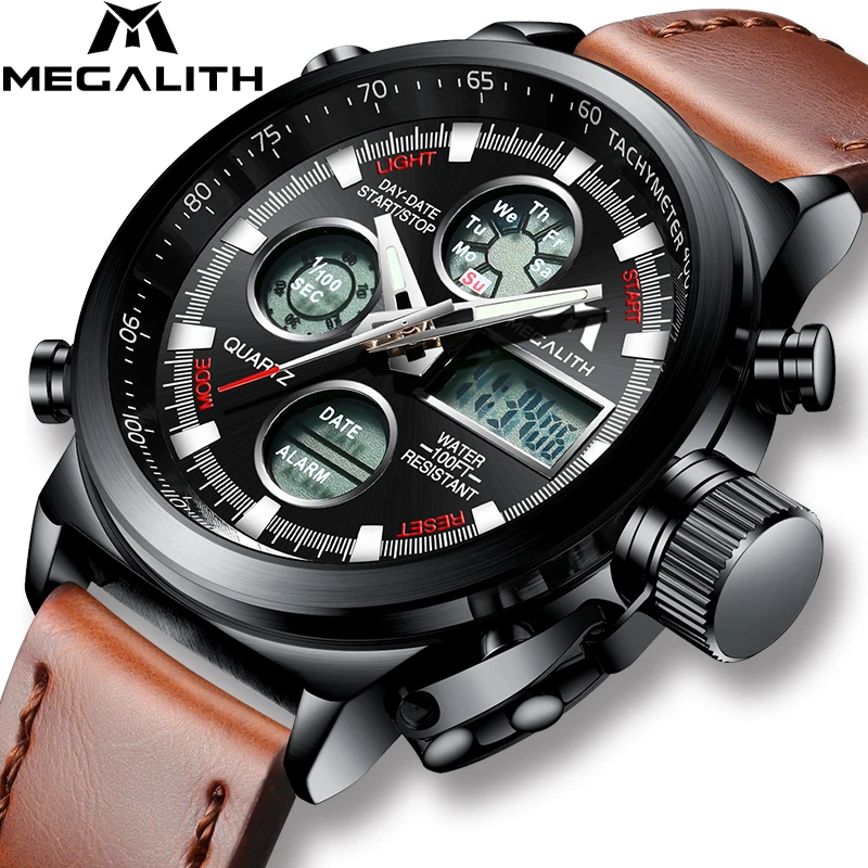 Megalith メンズスポーツウォッチ 多機能デジタルled腕時計 耐水性 本革 ブラウン Sports Watches Aliexpress