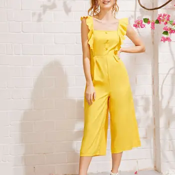 

New Fashion Womens Sleeveless Solid Ruffle Jumpsuit Romper Casual Clubwear Summer Fashion Casual Loose Slim Fit Girls Jumpsuit