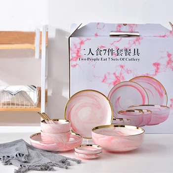 

2 People Set Pink Marble Ceramic Dinner Dish Rice Salad Noodles Bowl Soup Plates Dinnerware Sets Tableware Kitchen Cook Tool