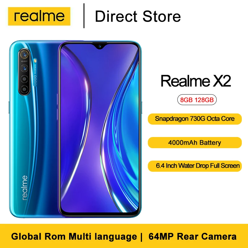 Realme X2 Smartphones 8GB 128GB 6.4'' 64MP Rear Camera Snapdragon 730G Octa Core 30W VOOC Fast Charger 4000mAh Mobile Phone |