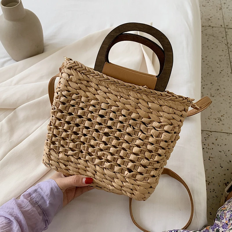 

2024 Summer Women Straw Rattan Crossbody Bag with Short Handle Hand-woven Shoulder Purses and Handbags Seaside Vacation