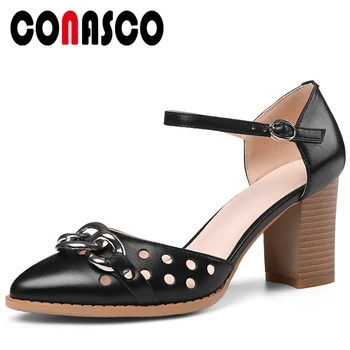 

CONASCO Fashion Genuine Leather Women Pumps Metal Decoration Ankle Strap High Heels Spring Summer New Casual Wedding Shoes Woman