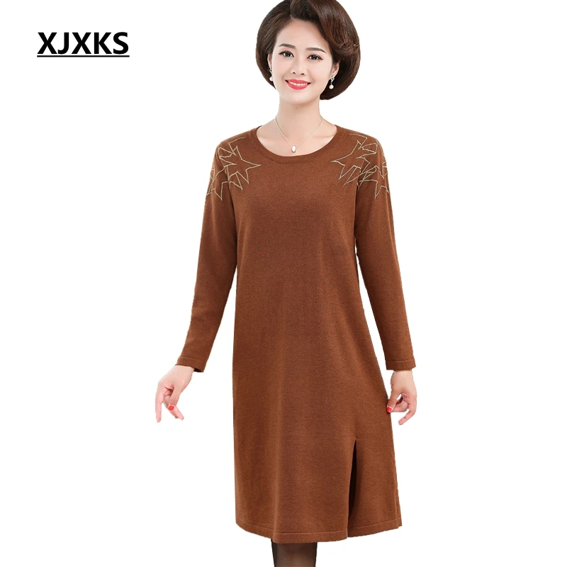 

XJXKS Autumn Plus Size Long Sweater Women Sweaters And Pullovers Split Hem Star Pattern Knitted Sweater Dress With Belt