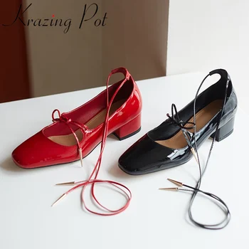 

Krazing Pot genuine leather med heels sweet ankle strap women pumps runway shallow elegant dating sexy dress spring shoes L04