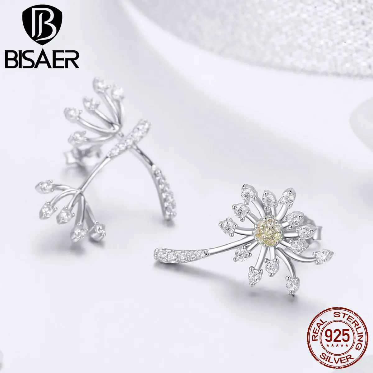 BISAER Новое поступление 925 пробы серебряные ослепительные серьги-гвоздики в форме одуванчика в форме сердца CZ Ювелирные изделия для женщин HSE506