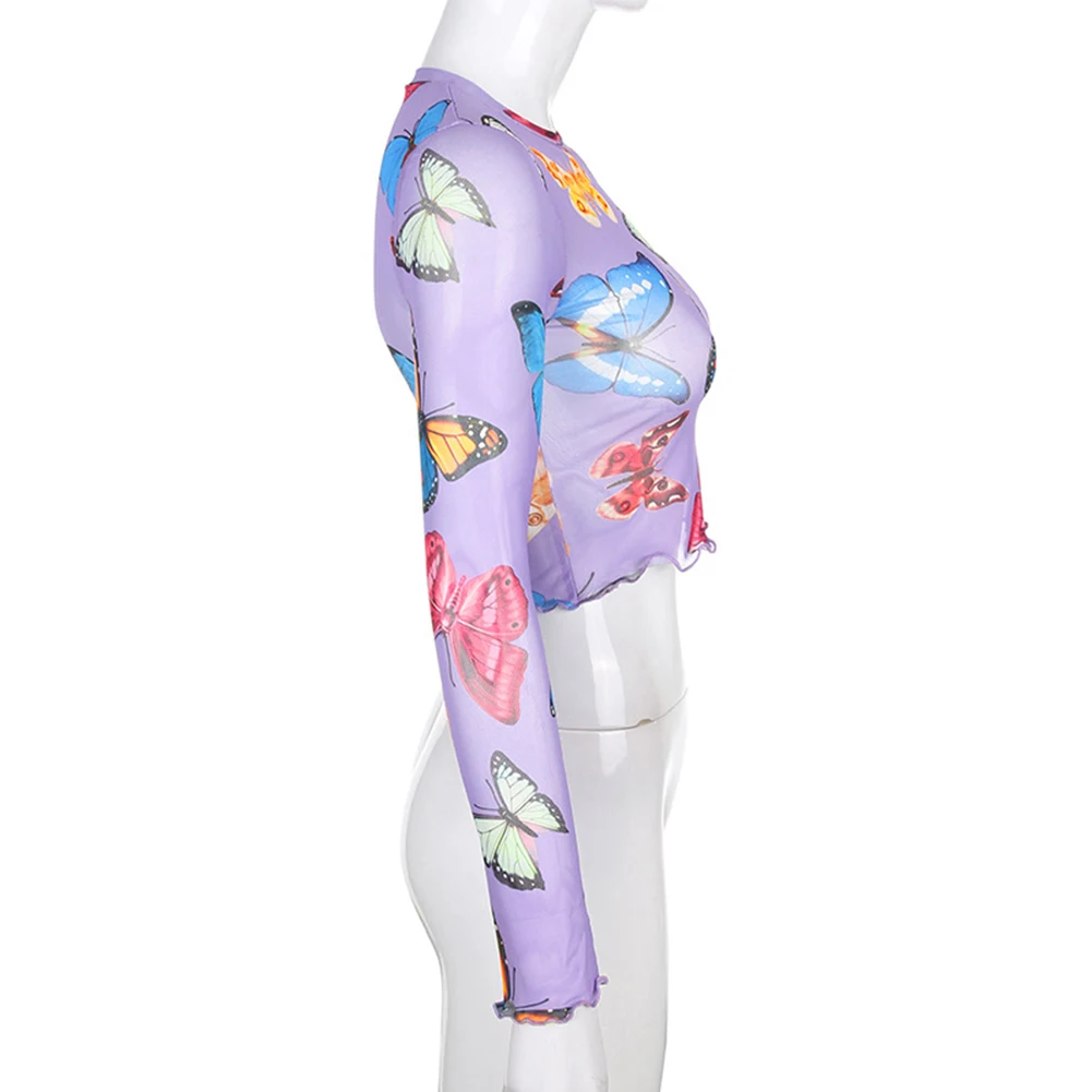Ladies Sun Protection Base Shirt Mesh Crop Top Women Long-sleeve t-shirt Sexy See Through Sheer Top Fashionable Butterfly Print