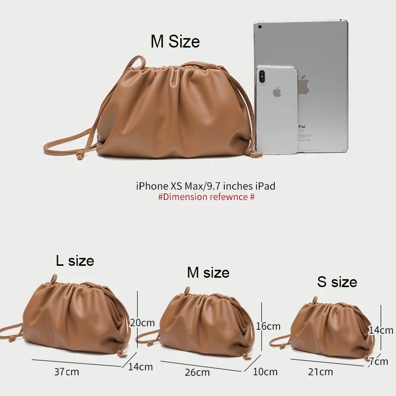 38cm Big Leather Pouch Handbag Women Soft High Quality Fashion Luxury Designer Clutch Bag Lady Large Ruched Cloud Shoulder Bag