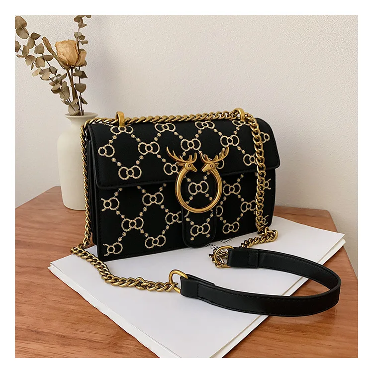 2019 New Design Deer Suede Leather Handbag Small flap Crossbody Bags for Women Quilted Embroidery Chain Shoulder Purse Black Red (9)