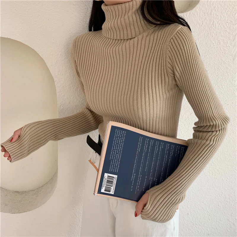 PULL,Pull tricoté à col roulé pour femmes, Pull basique, côtelé, fin, élastique avec trou au