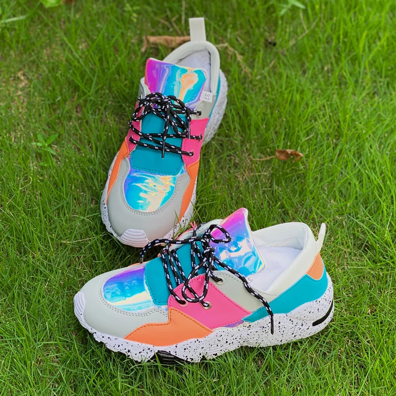 Women's Rainbow Shoes Mixed Color Casual Sneakers Multicolor Increase Sports Shoes Comfortable Breathable Holographic Outdoor Shoes (10)