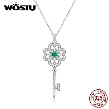 

WOSTU Authentic 925 Sterling Silver Clover Necklace Beautiful Clover Bright Zircon Unlock Key Shape Necklace Jewelry CTN141