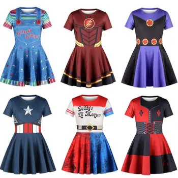 

2019 Trolls Girlscaptain American Superhero Cosplay The Flash Costume Ball Halloween Suit Fashion Fold Girl Sleeve Dress7-12y