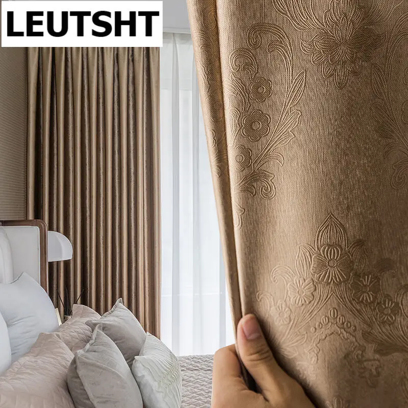 2021light Luxury Soundproof Solid Color Embossed Blackout Curtain For Living Room Bedroom Study