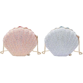 

2Pcs Women Girls Little Mermaid Seashell Purse Cross-Body Shoulder Bags Glitter Sequins Chain Evening Purse, Pink & White