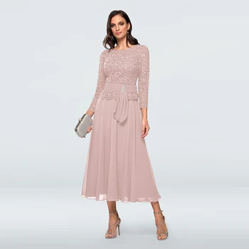 

New Charming Pale Pink Lace Tea Length Mother of the Bride Dresses Long Sleeve Boat Neck Wedding Party Gowns Beaded Sash