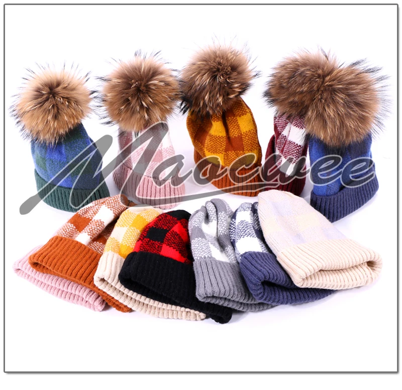 Зимняя шапка с помпоном Skullies Beanie, Классическая клетчатая шапка для мужчин и женщин, теплая вязаная Толстая шапка с меховым помпоном