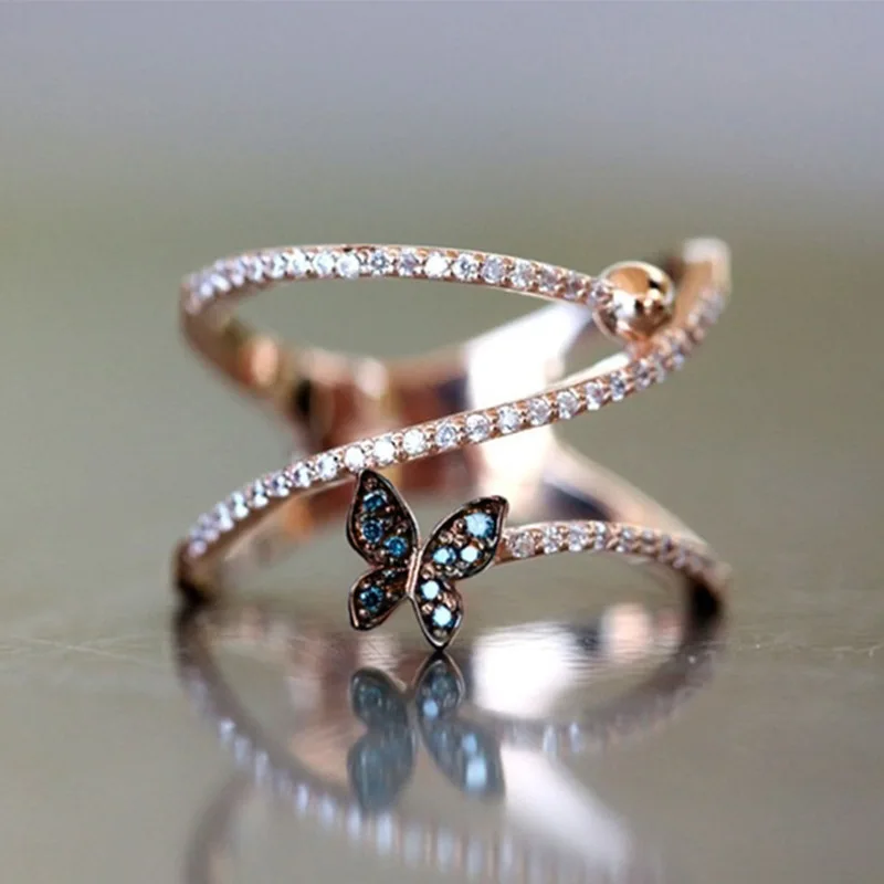 Высокое качество, розовое золото, кольца для женщин, синие-шпинели, элегантное кольцо с объемными бабочками, модные вечерние ювелирные изделия, подарочные аксессуары