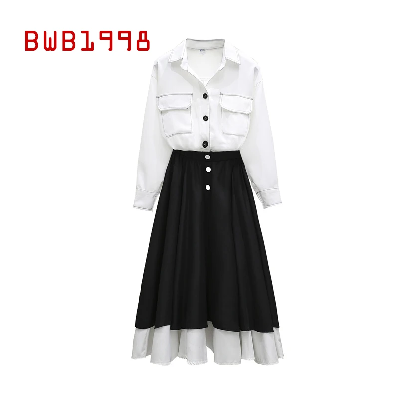 

BWB1998 Autumn Clothes Women Retro Design White Shirt Women High Waist Black Skirt Two Piece Set Women Suit Long Sleeve Top