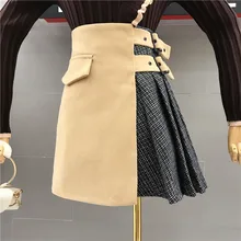 Новая осенне-зимняя плиссированная юбка в клетку, Женская шерстяная короткая юбка трапециевидной формы с завышенной талией, юбки из смешанной шерсти для девушек