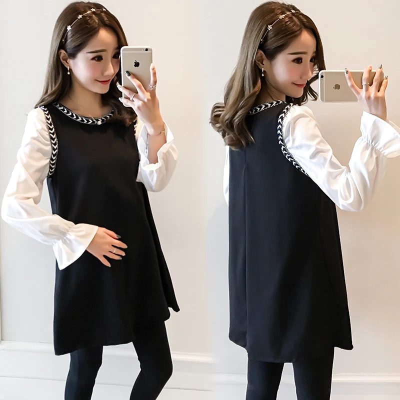 

1081# 2019 Autumn Korean Fashion Maternity Shirts Cute Loose Tops Clothes for Pregnant Women Sweet Patchwork Pregnancy Tunic
