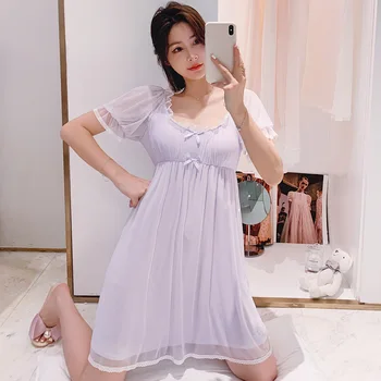 

Short Sleeve Cute Nightgown Home Dressing Gown Female Nightdress Intimate Lingerie Mesh Homewear Summer New Sleepwear Nightwear