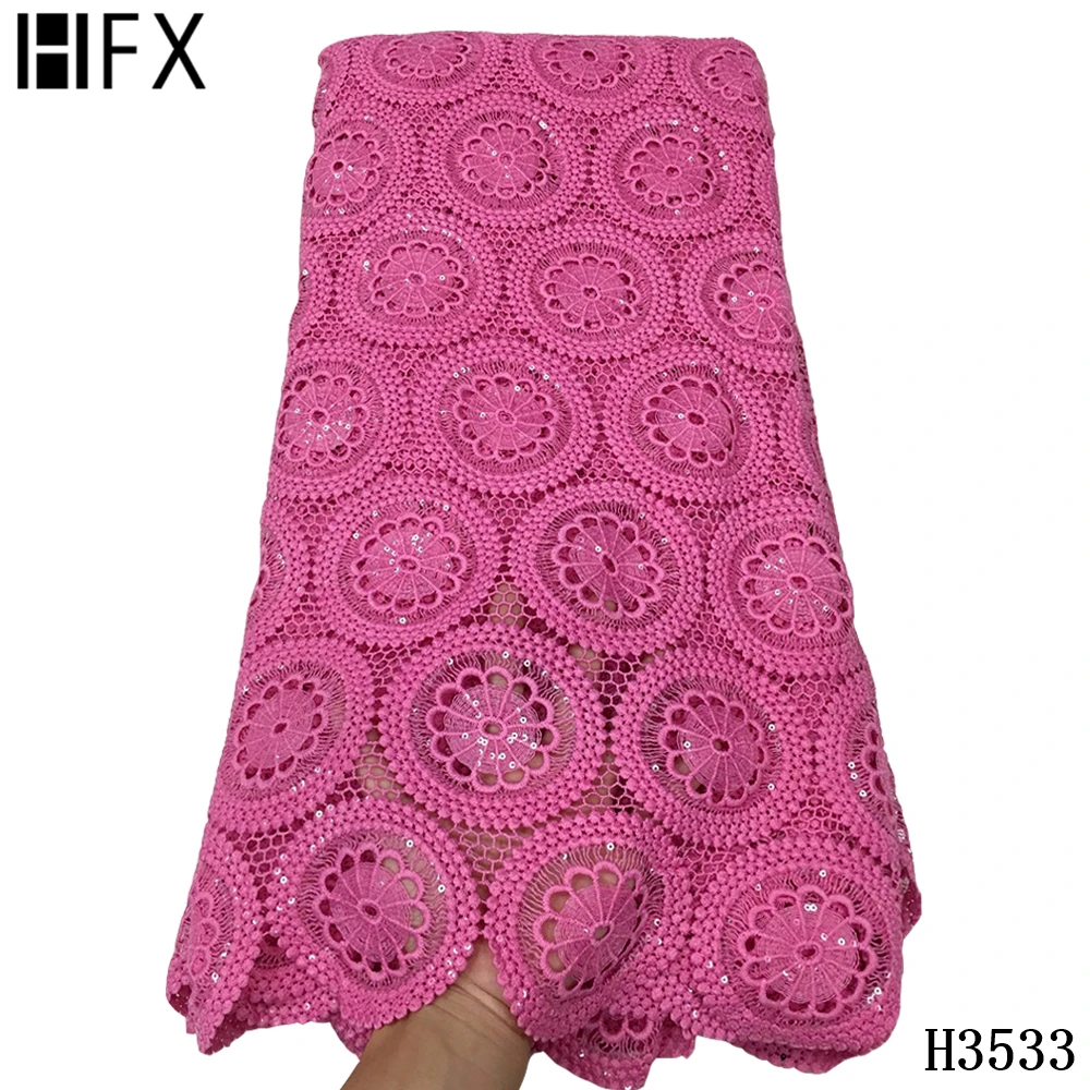 HFX African Guipure Lace Fabric 2021 High Quality Lace Latest French Cord Lace Fabric With Sequins For Wedding 5 Yards F3533
